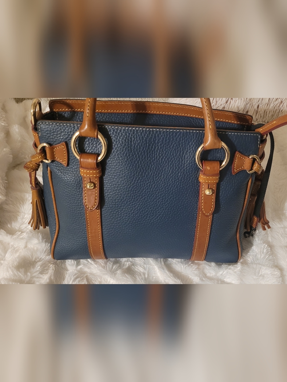 LOW START Dooney & Bourke Pebble Grain Satchel Dark Teal & Tan EUC - Picture 5 of 16